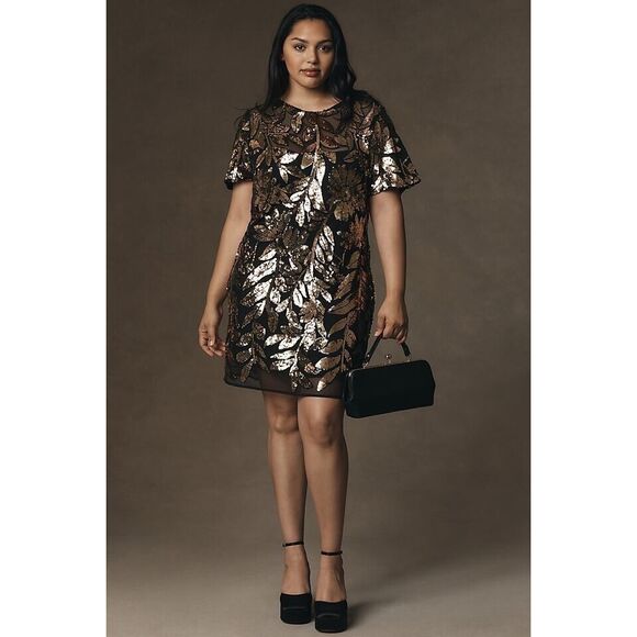 Anthropologie Maeve Short-Sleeve Sheer Embellished Mini Dress - Picture 2 of 8